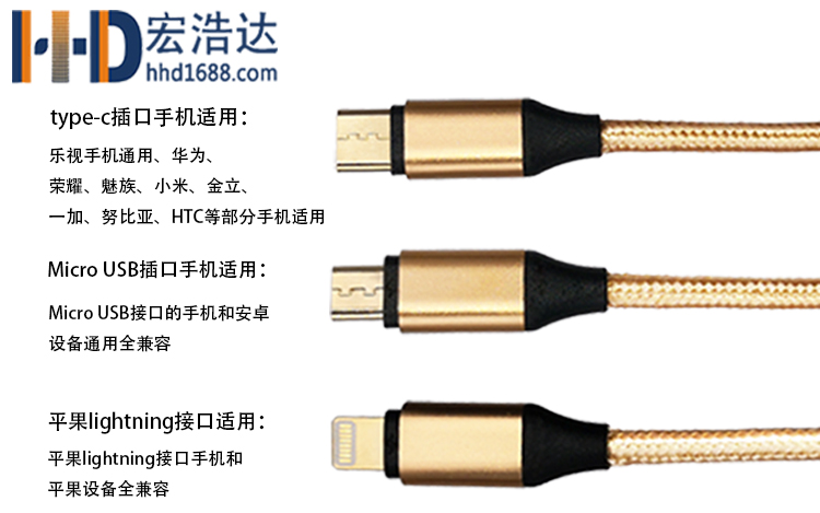 宏浩達蘋果數據線工廠一拖三安卓type-c三合一車載多頭手機充電線